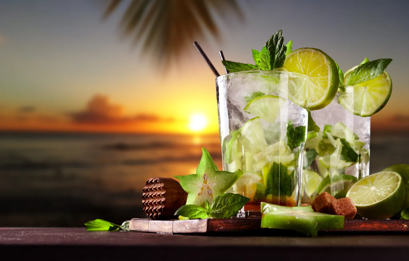 Photo wallpaper sea, beach, sunset, cocktail, lime, fresh, drink, mojito