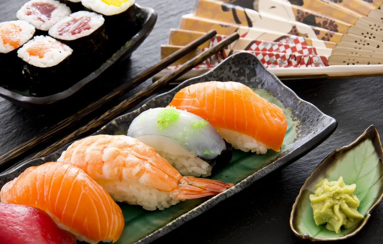 Photo wallpaper dish, rolls, shrimp, filling, Japanese cuisine, red fish
