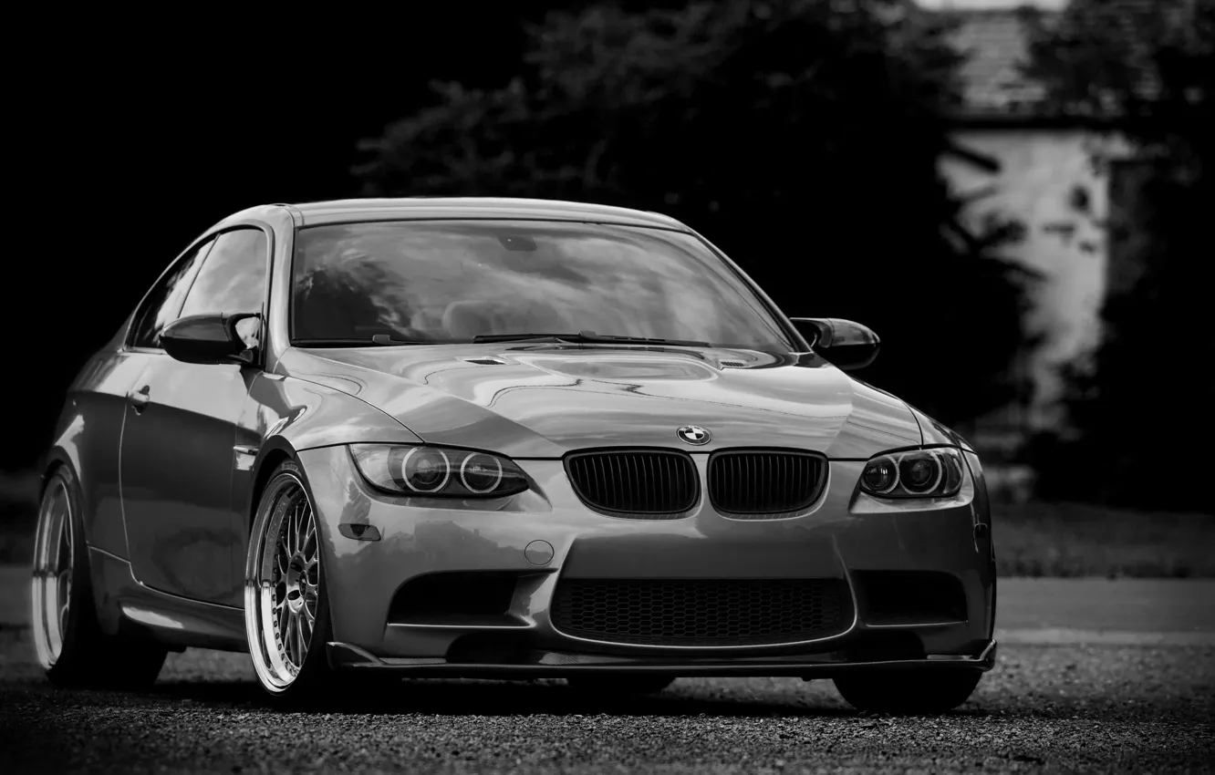 Photo wallpaper bmw, BMW, coupe, silver, wheels, drives, black and white photo, e92