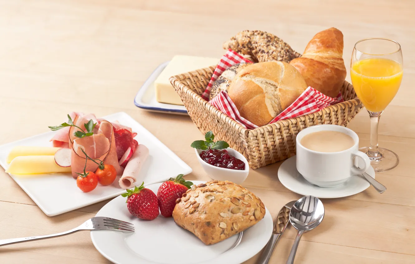 Photo wallpaper berries, coffee, Breakfast, cheese, strawberry, juice, bread, cakes