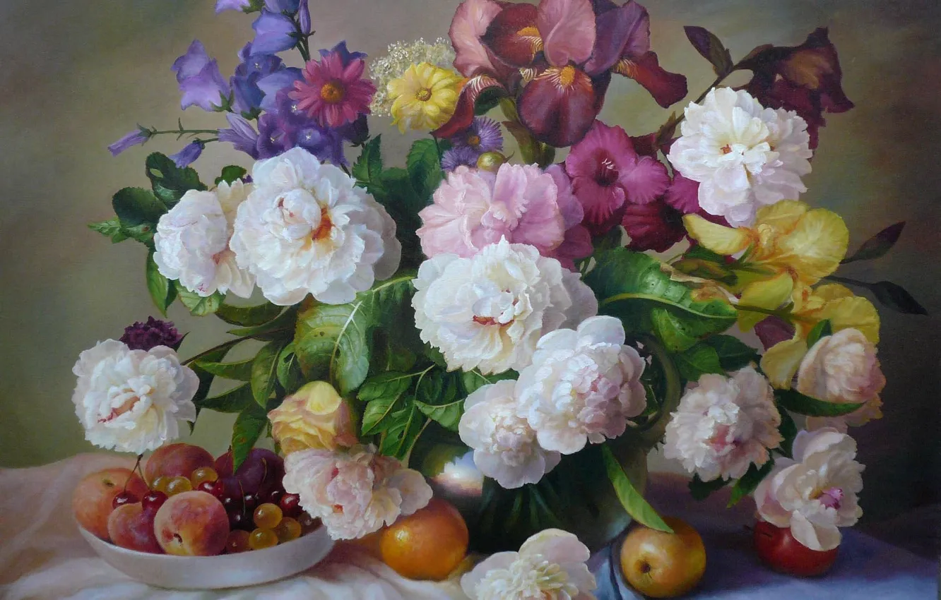 Photo wallpaper flowers, bouquet, fruit, painting