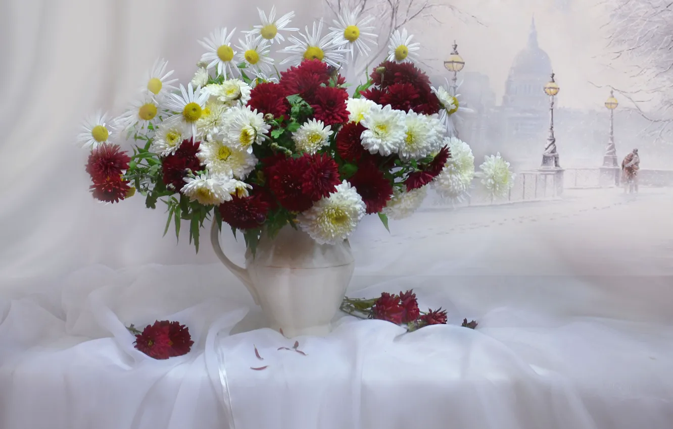 Photo wallpaper style, romance, figure, chamomile, bouquet, chrysanthemum, tulle