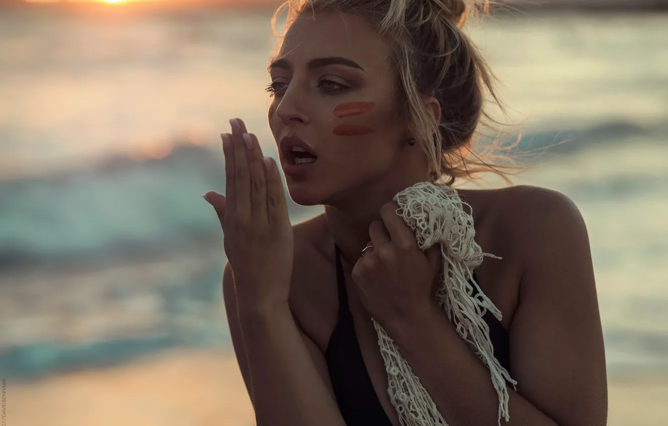 Photo wallpaper sea, the sun, sexy, model, portrait, makeup, hairstyle, blonde
