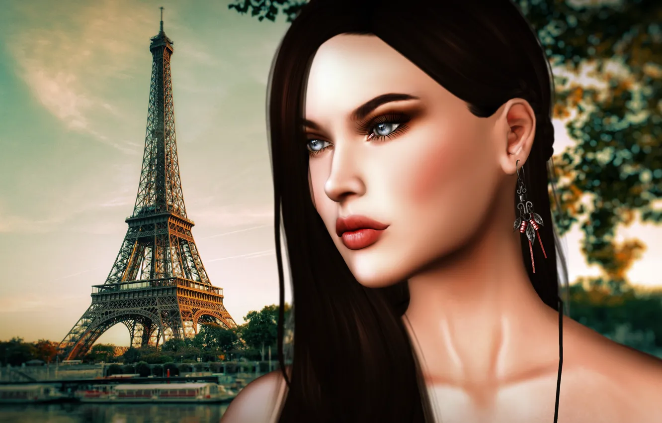Photo wallpaper girl, face, hair, Paris, tower, beauty
