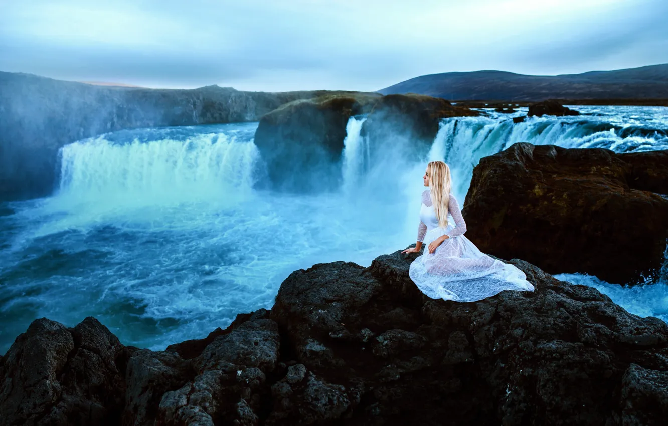 Photo wallpaper girl, nature, waterfall, dress, sitting