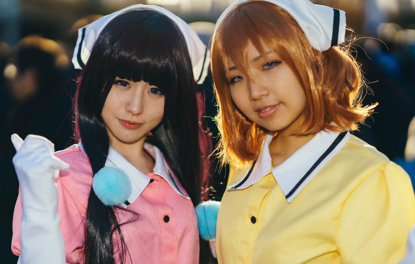 Photo wallpaper long hair, girls, smile, blue eyes, beautiful, short hair, purple eyes, pretty