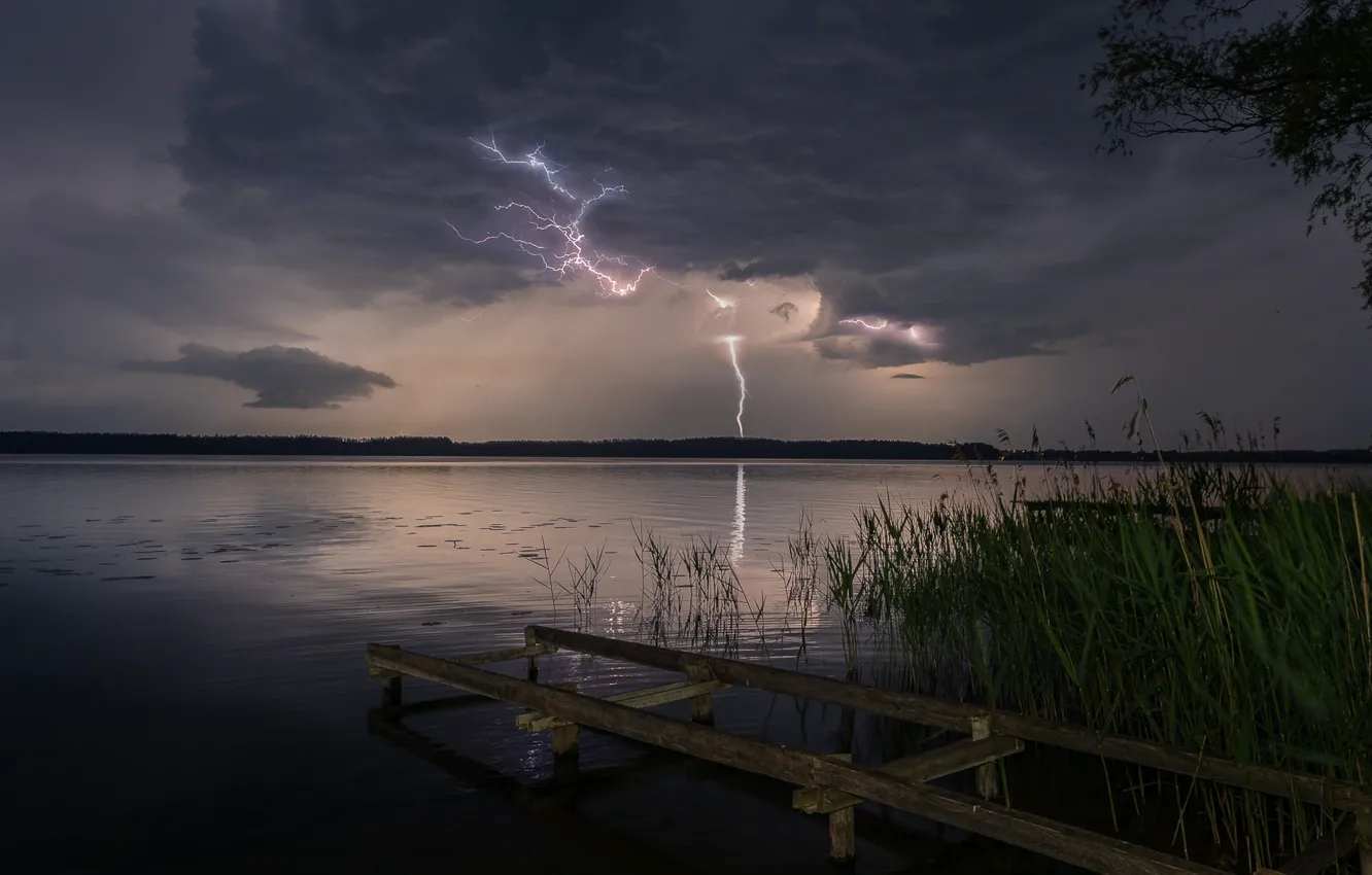 Photo wallpaper the storm, night, river, lightning