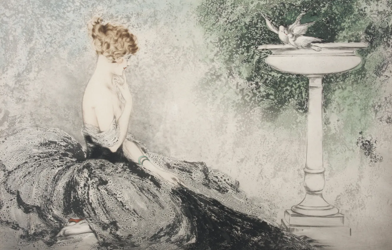 Photo wallpaper sink, Desire, white doves, 1924, Louis Icart, art Deco, etching and aquatint, redhead woman