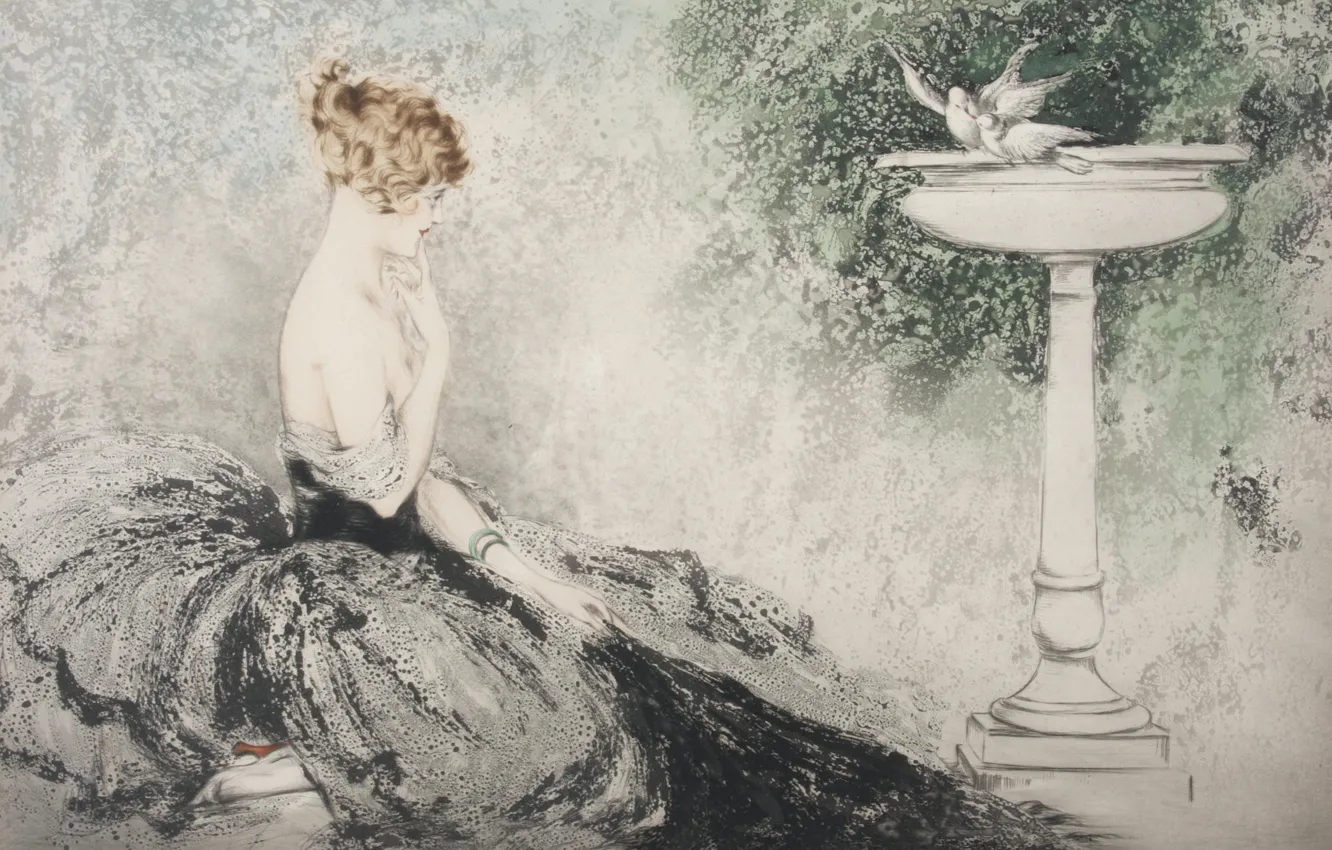 Photo wallpaper desire, sink, white doves, 1924, Louis Icart, art Deco, etching and aquatint, redhead woman