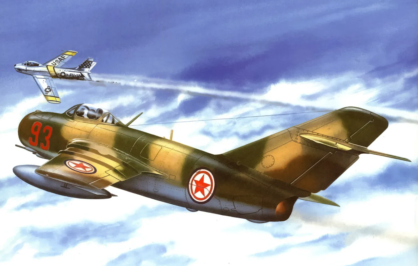 Photo wallpaper war, art, painting, aviation, F-86 Sabre, Mig 15, korean war