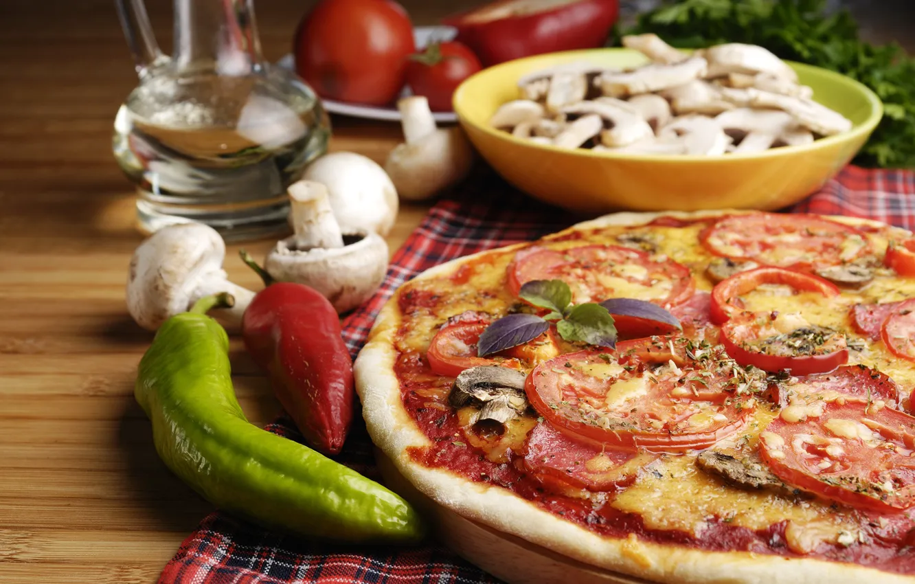 Photo wallpaper greens, mushrooms, cheese, pepper, pizza