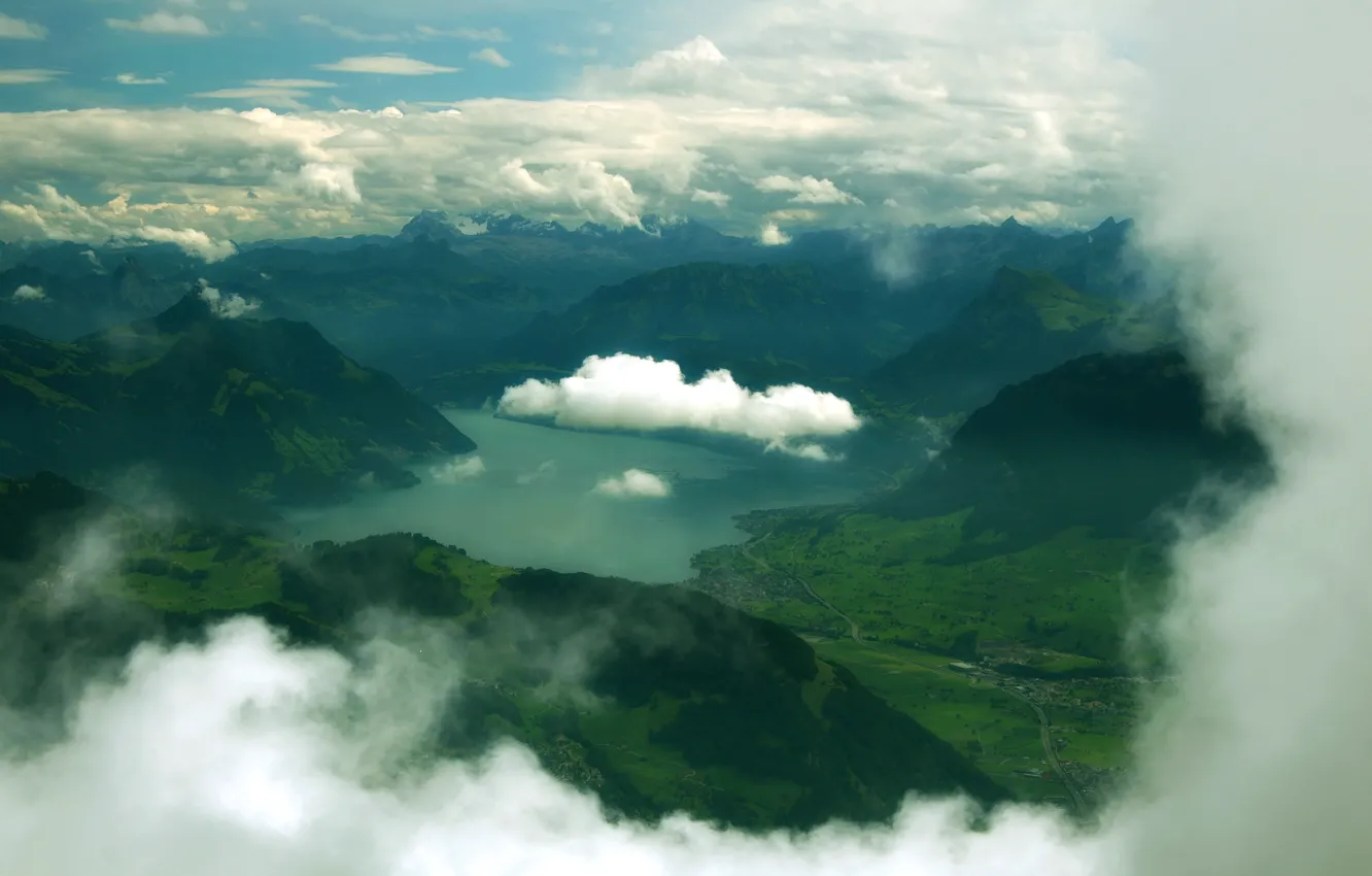 Photo wallpaper clouds, mountains, nature, lake