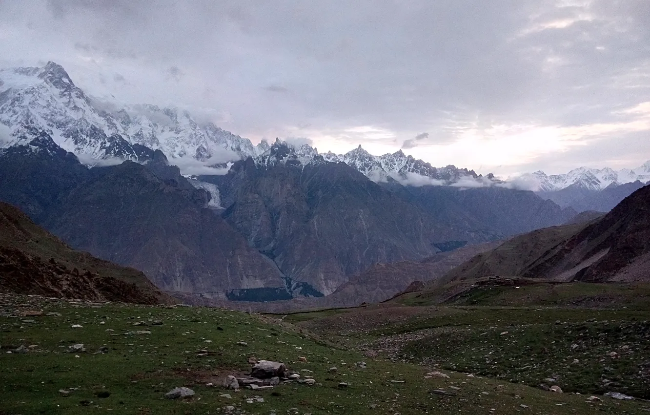 Photo wallpaper the sky, clouds, snow, mountains, clouds, nature, stones, rocks