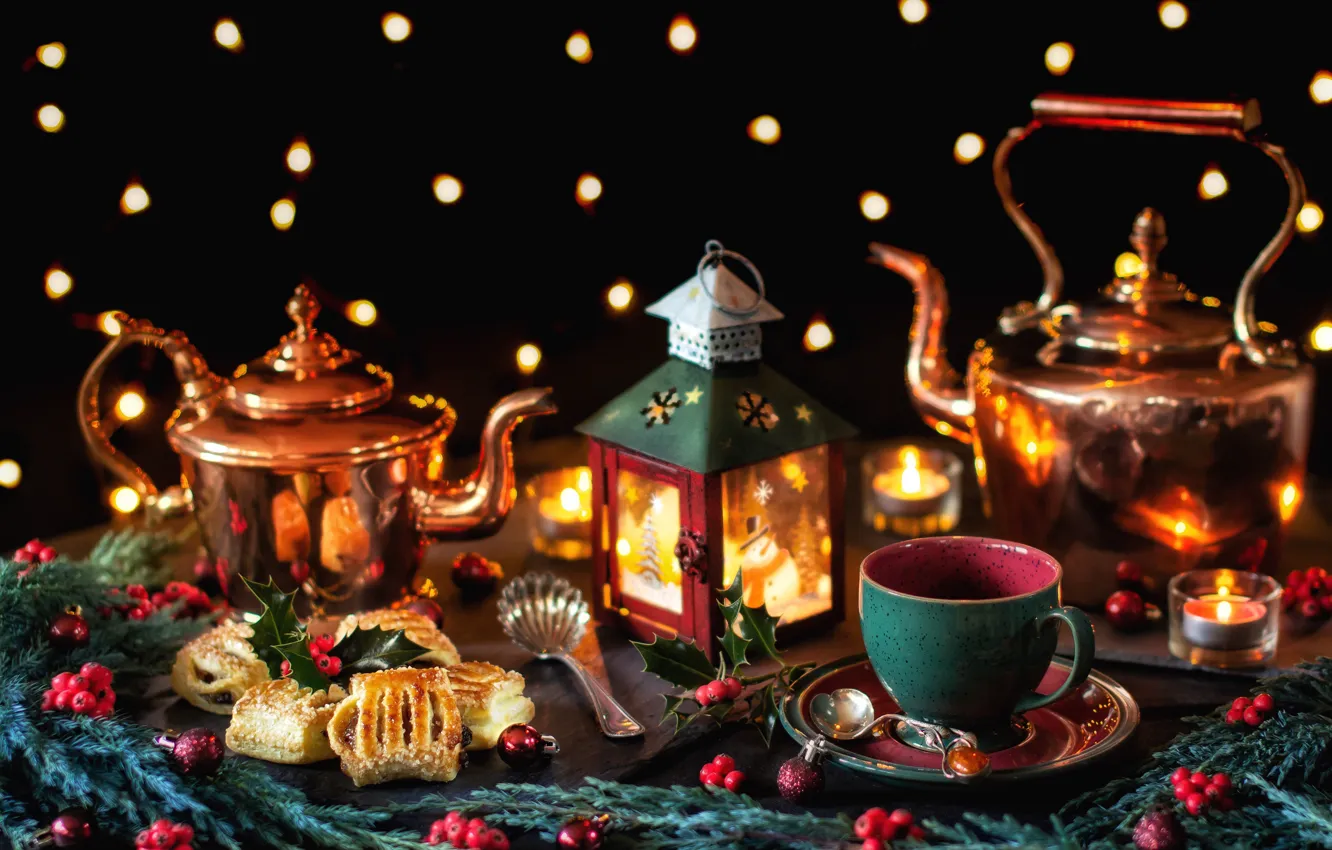 Photo wallpaper branches, style, kettle, cookies, Christmas, mug, lantern, still life