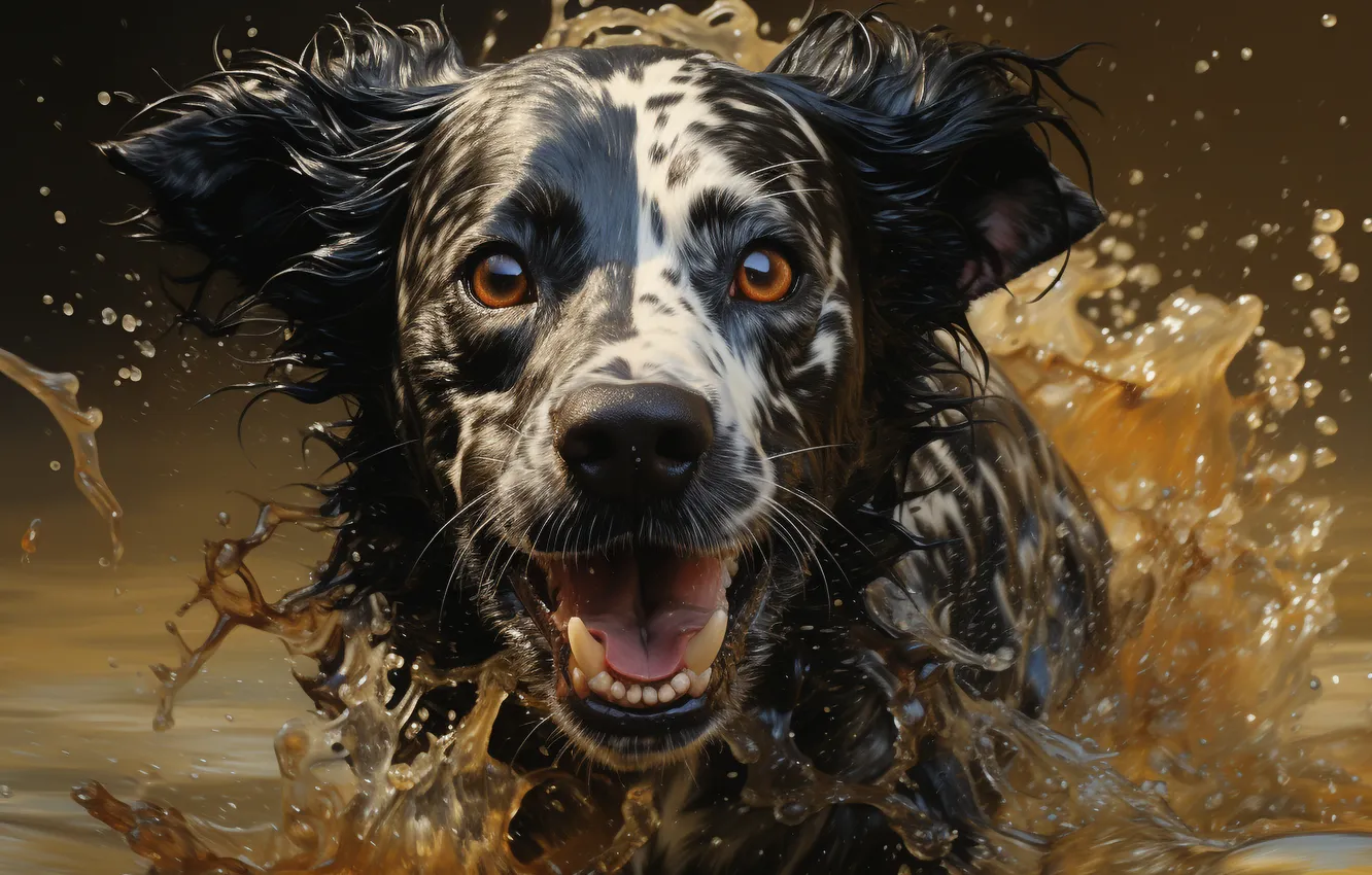 Photo wallpaper look, face, water, squirt, dog, dirt, fangs, front