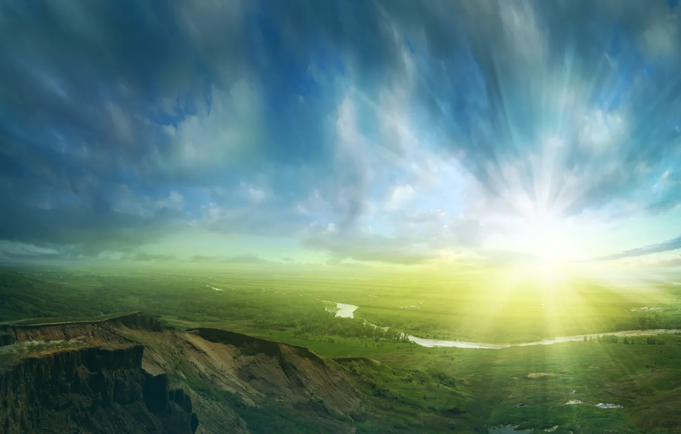 Photo wallpaper dirt, river, sky, trees, landscape, nature, clouds, hills