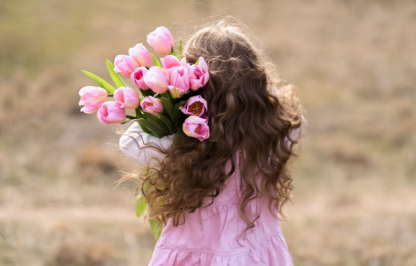 Photo wallpaper pink, hair, girl, tulips, curls