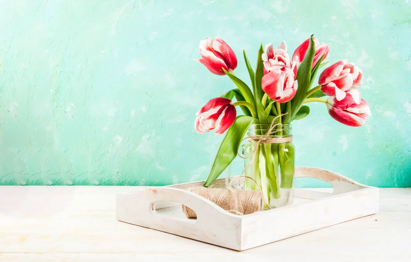 Photo wallpaper flowers, bouquet, tulips, vase, pink