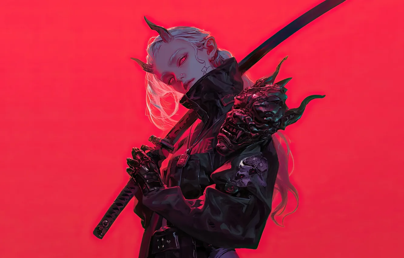 Photo wallpaper girl, anime, katana, mask, red background, horn, oni, anime girl