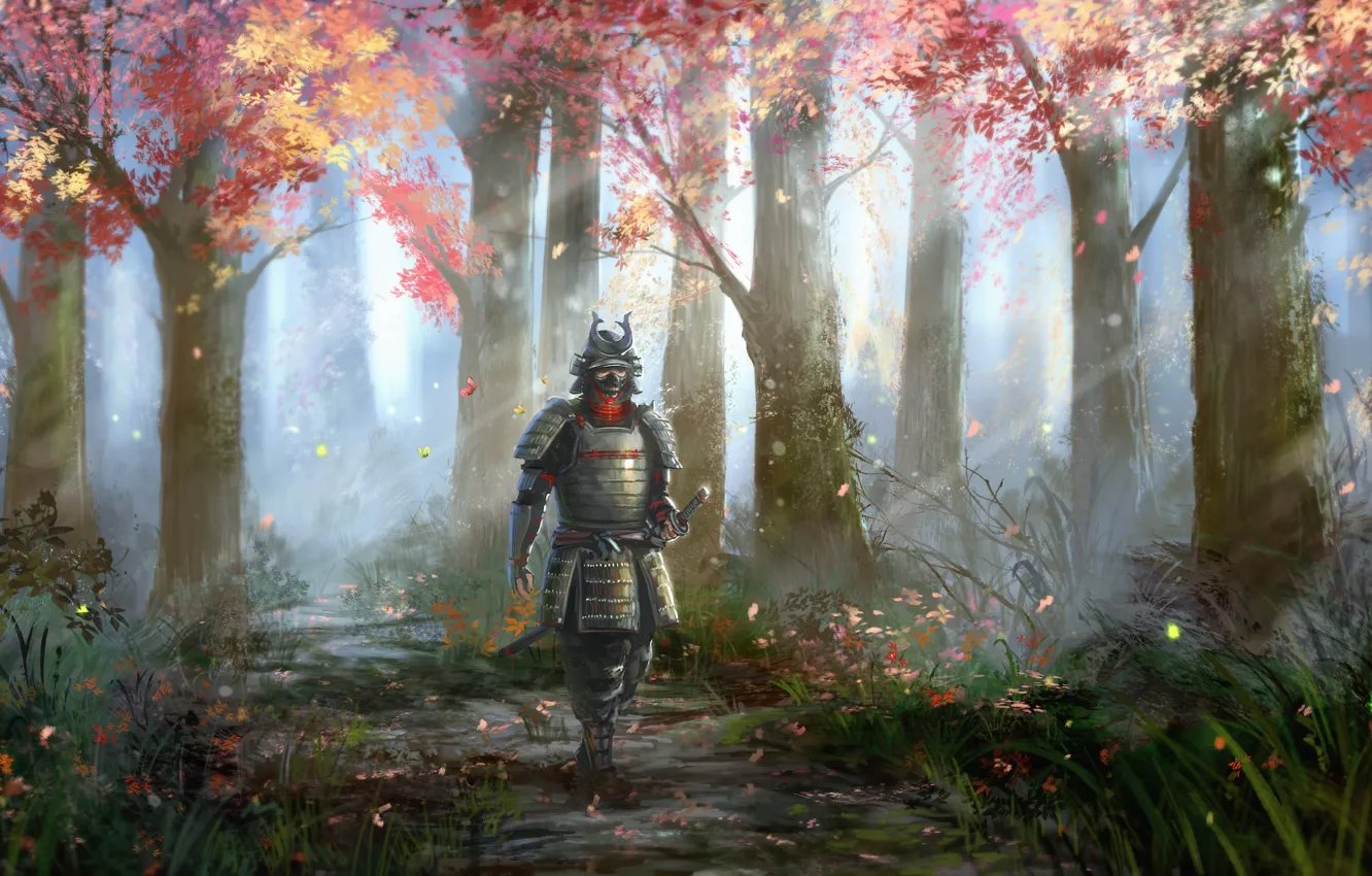 Photo wallpaper autumn, grass, leaves, rays, trees, nature, people, armor