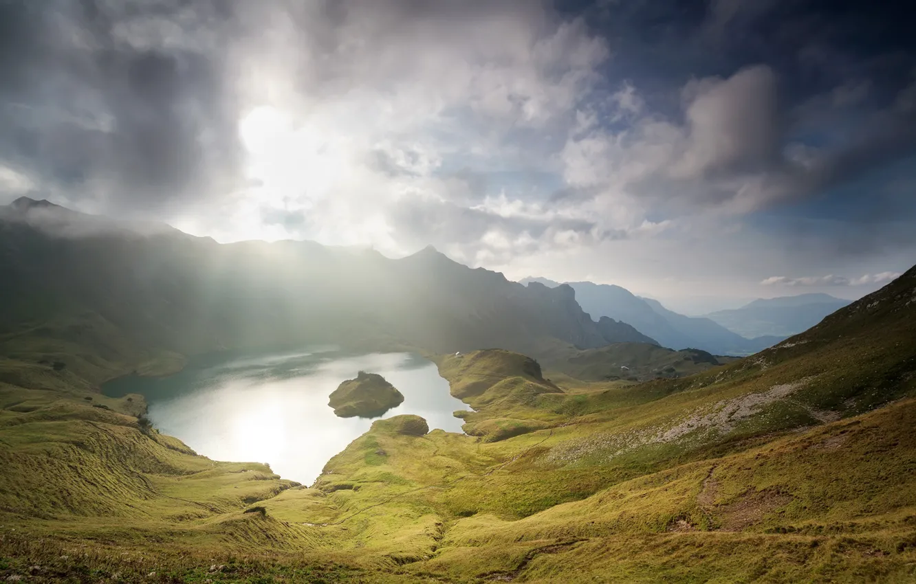 Photo wallpaper the sun, clouds, mountains, lake, Austria, Alps, the view from the top