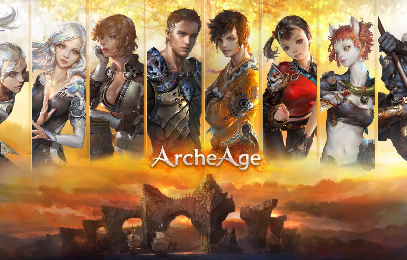 Photo wallpaper girl, clouds, elf, ship, guy, race, online, MMORPG