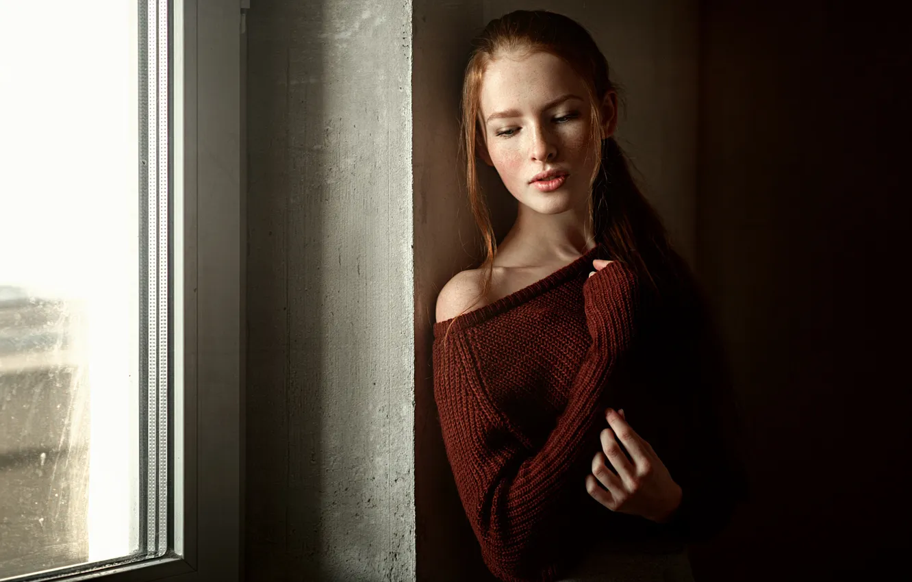 Photo wallpaper girl, hair, freckles, braids, sponge, beautiful, jacket, redhead