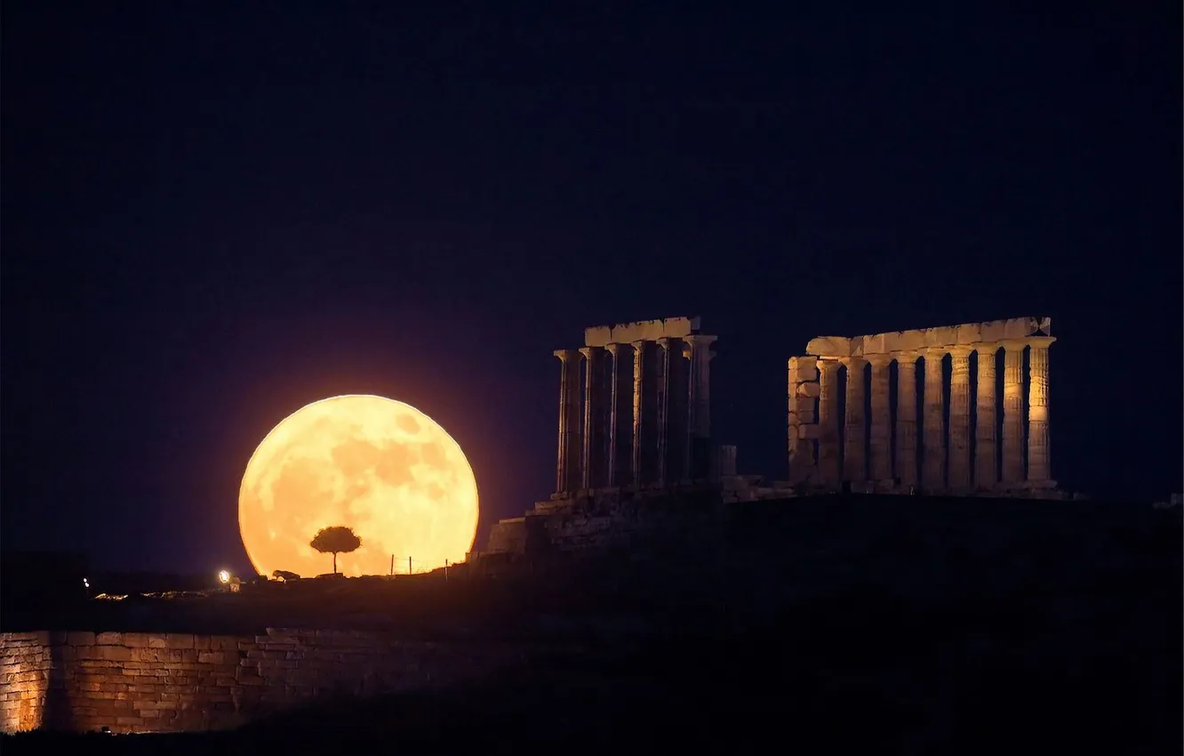 Photo wallpaper night, columns, Supermoon