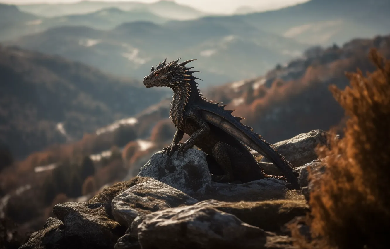 Photo wallpaper mountains, stones, dragon, wings, digital art, AI art, The Art of Artificial Intelligence, neural network