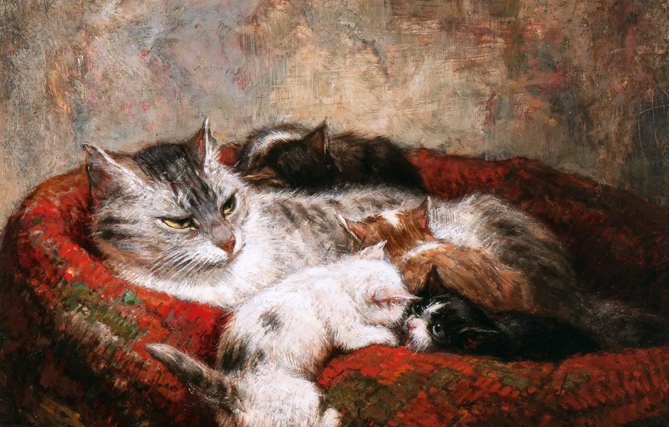 Photo wallpaper cat, picture, kitty, Henrietta Ronner-Knipe, Henriette Ronner-Knip, The Belgian artist, A mother and her kittens