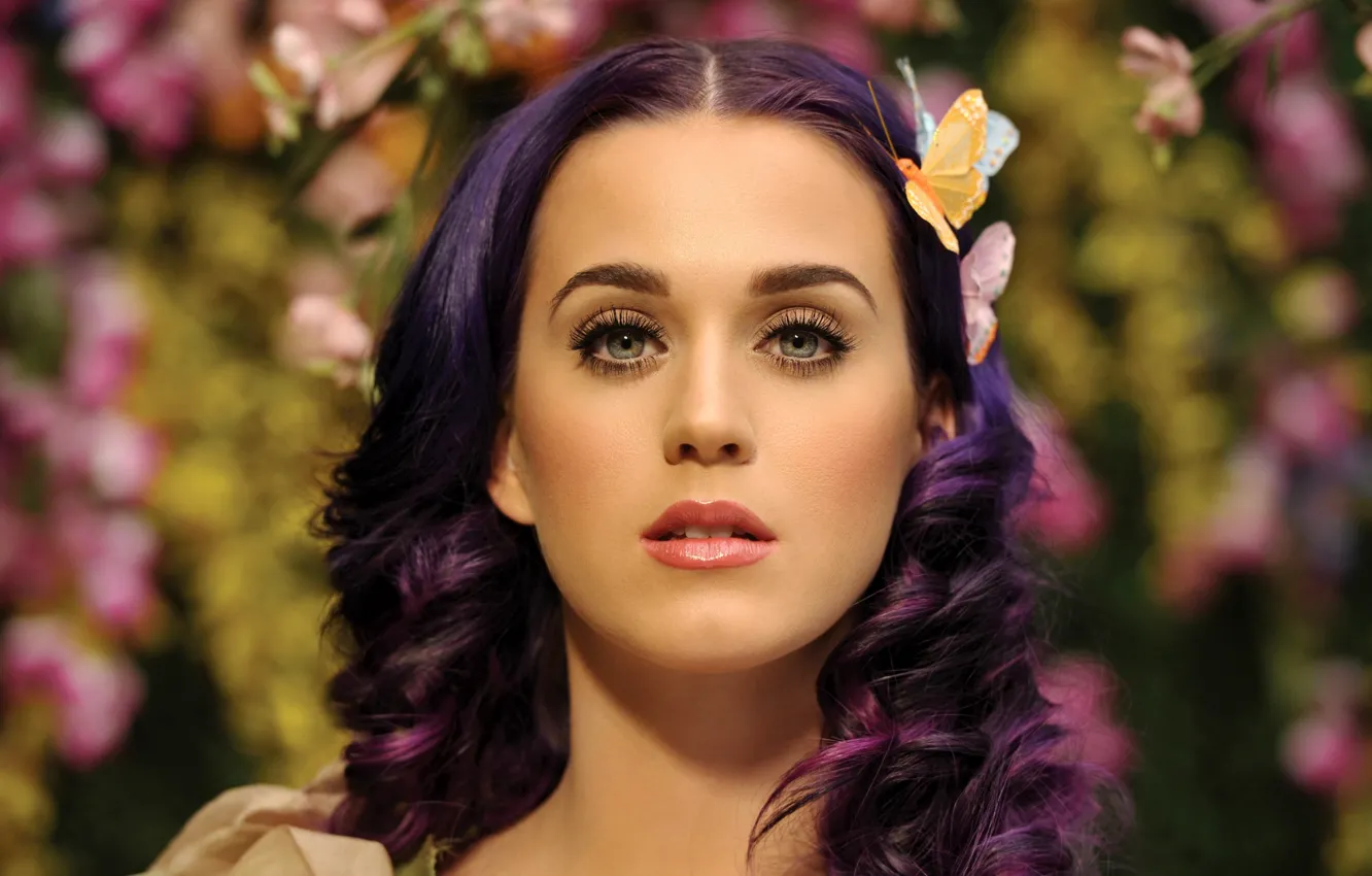 Photo wallpaper purple, girl, face, butterfly, hair, Katy Perry, Katy Perry, singer