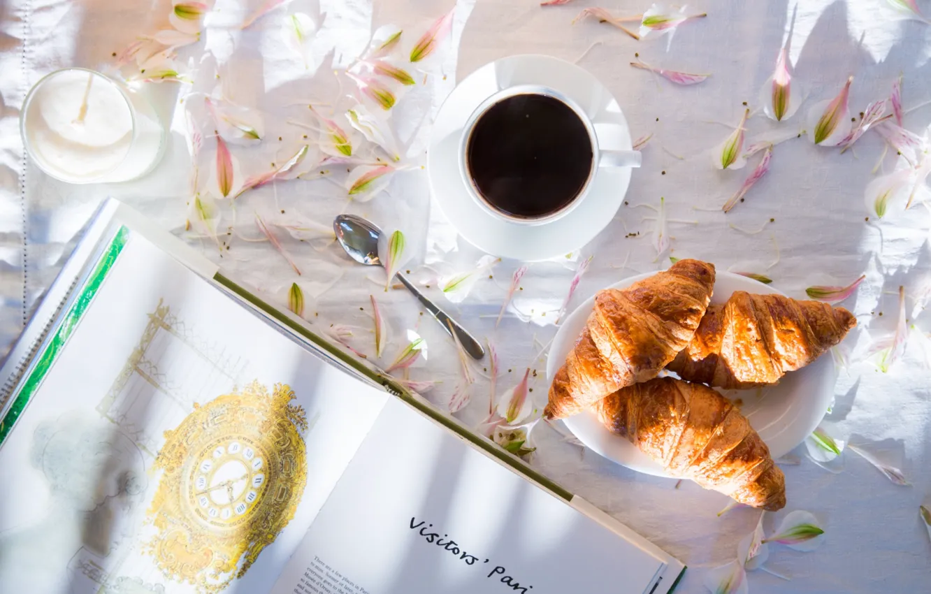 Photo wallpaper mood, coffee, petals, book, croissant