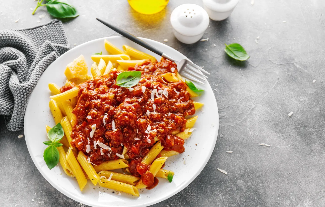 Photo wallpaper greens, meat, dish, pasta
