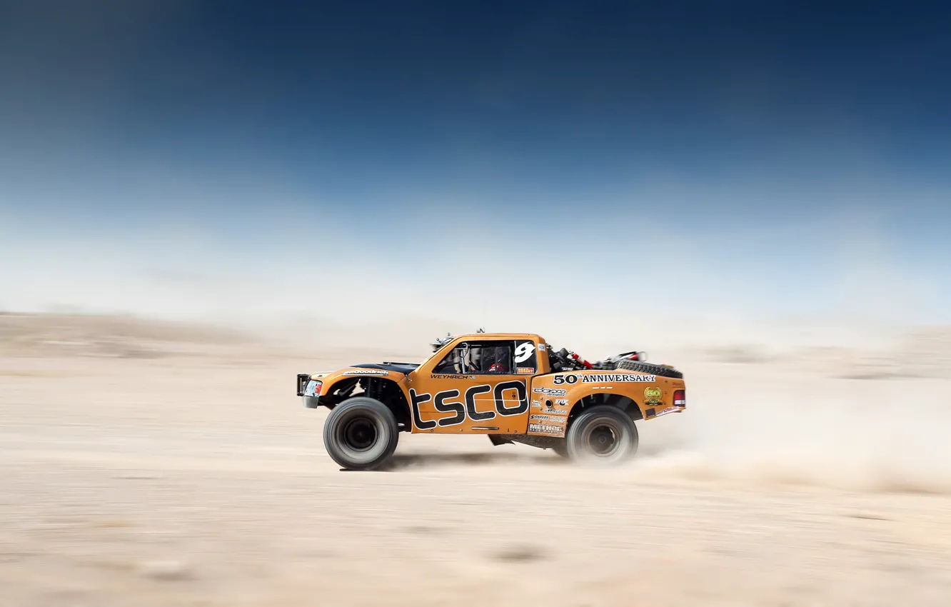 Photo wallpaper car, sky, desert, orange, blur, Team, Motion, Competition