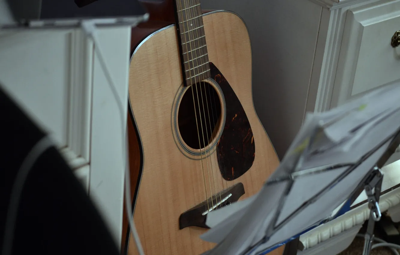 Photo wallpaper notes, music, guitar, chest, musical instrument, bokeh