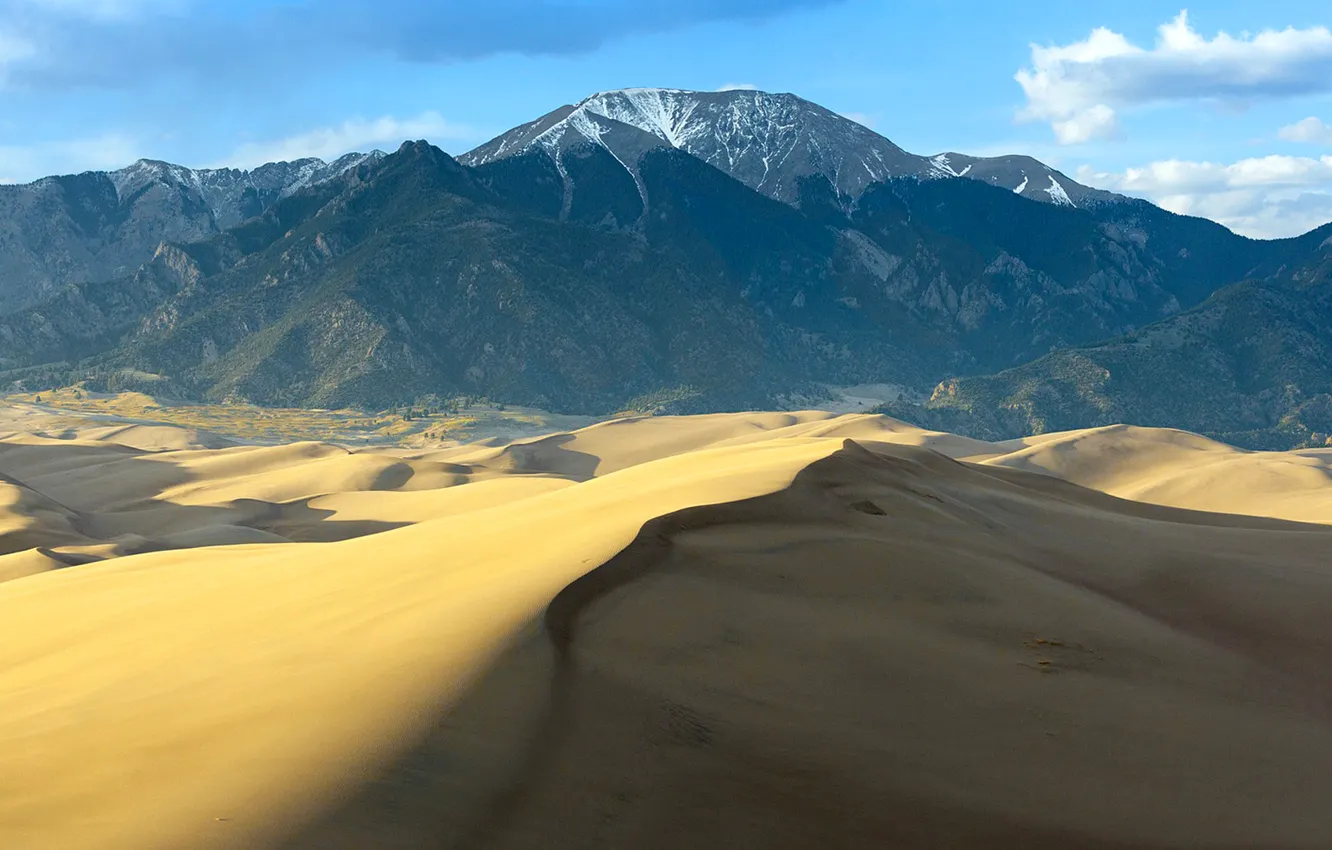 Photo wallpaper sand, the sky, clouds, mountains, the dunes, desert