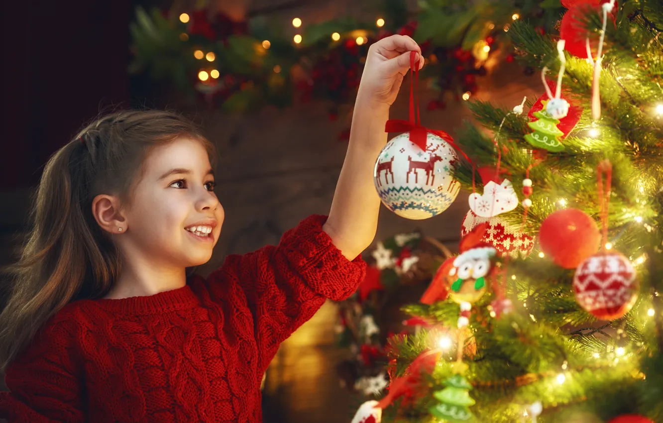 Photo wallpaper winter, joy, toys, tree, girl, New year, garland, 2018