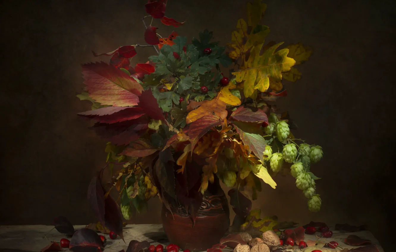 Photo wallpaper autumn, leaves, table, bouquet, fruit, briar, vase, nuts