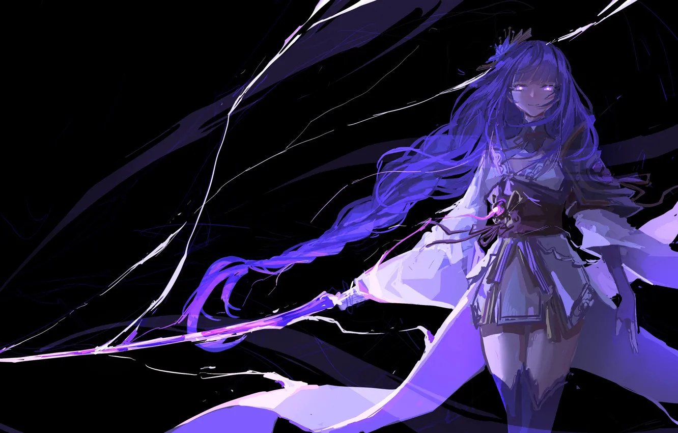 Photo wallpaper girl, lightning, sword, fantasy, Genshin Impact, Raiden Shogun
