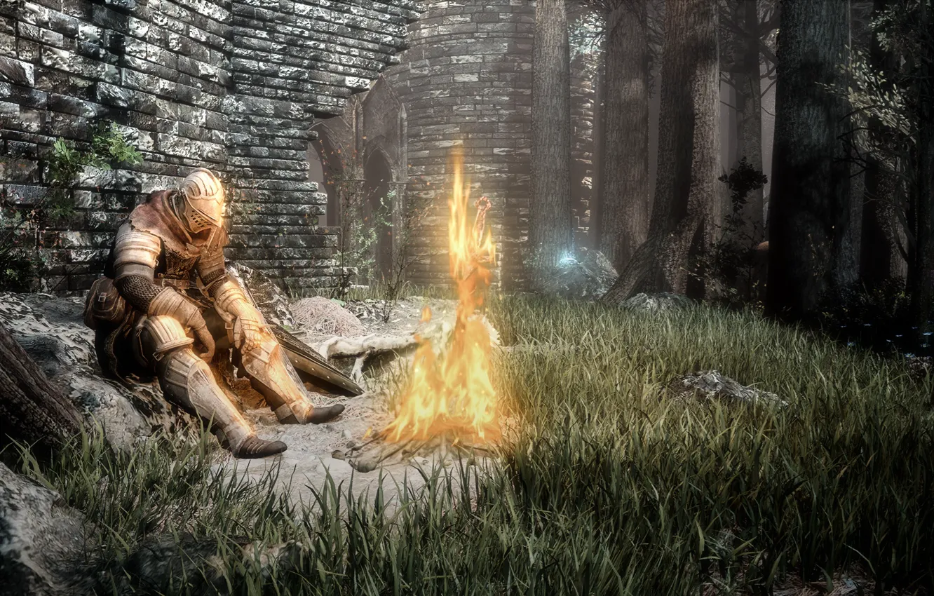 Photo wallpaper forest, castle, the fire, knight, Sanctuary