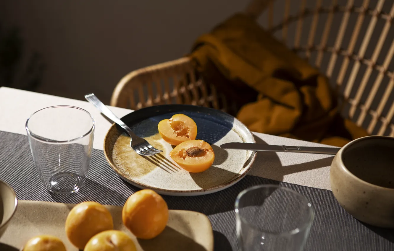 Photo wallpaper light, glass, table, shadow, chair, plate, knife, dishes