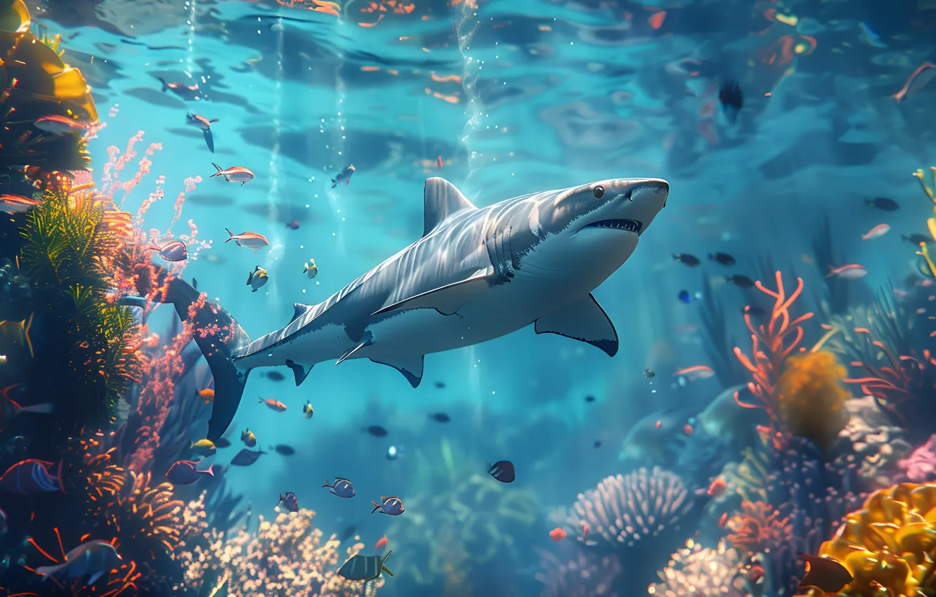 Photo wallpaper fish, predator, shark, corals, underwater world, digital art, AI art, The Art of Artificial Intelligence