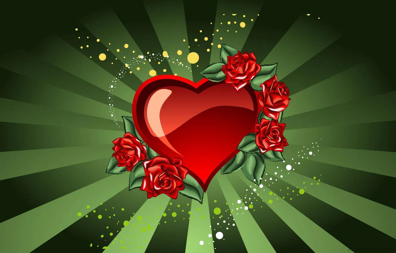 Photo wallpaper love, red, green, heart, roses, art, love, Valentine's day