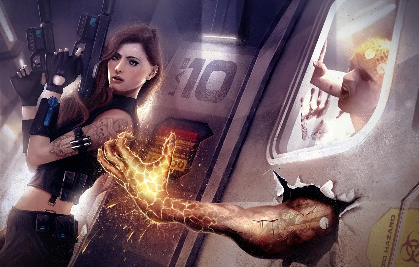 Photo wallpaper machine, girl, weapons, monster, hands, art, guy