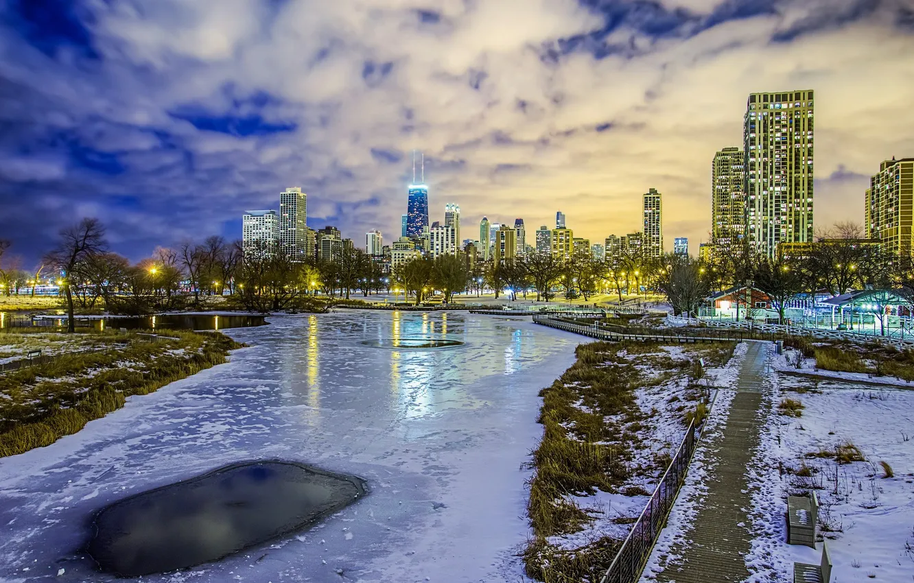 Photo wallpaper night, city, lights, skyscrapers, Chicago, USA, USA, America