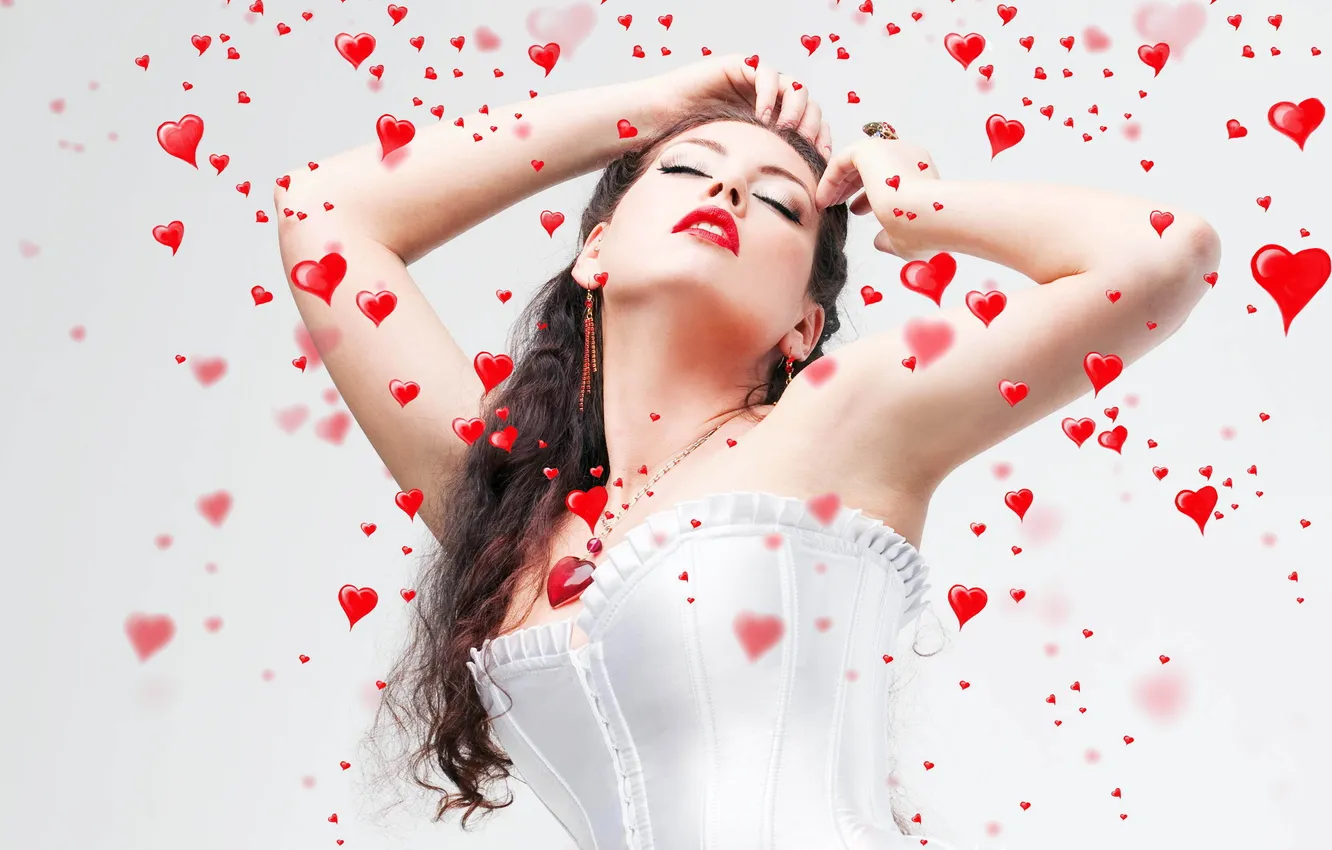 Photo wallpaper girl, face, hands, makeup, white background, corset, red lips, hair long