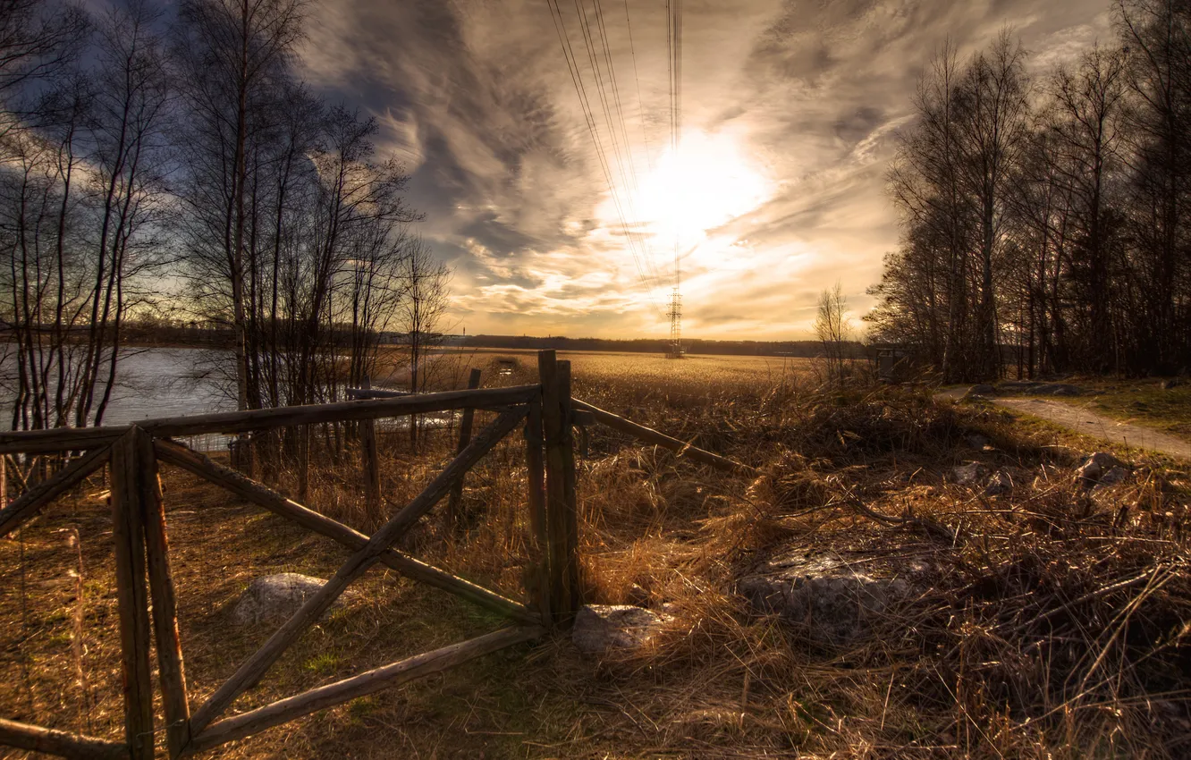 Photo wallpaper road, field, autumn, forest, the sun, clouds, lake, wicket