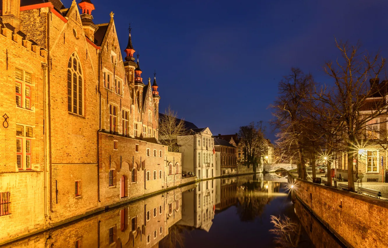 Photo wallpaper night, lights, home, channel, Belgium, Bruges
