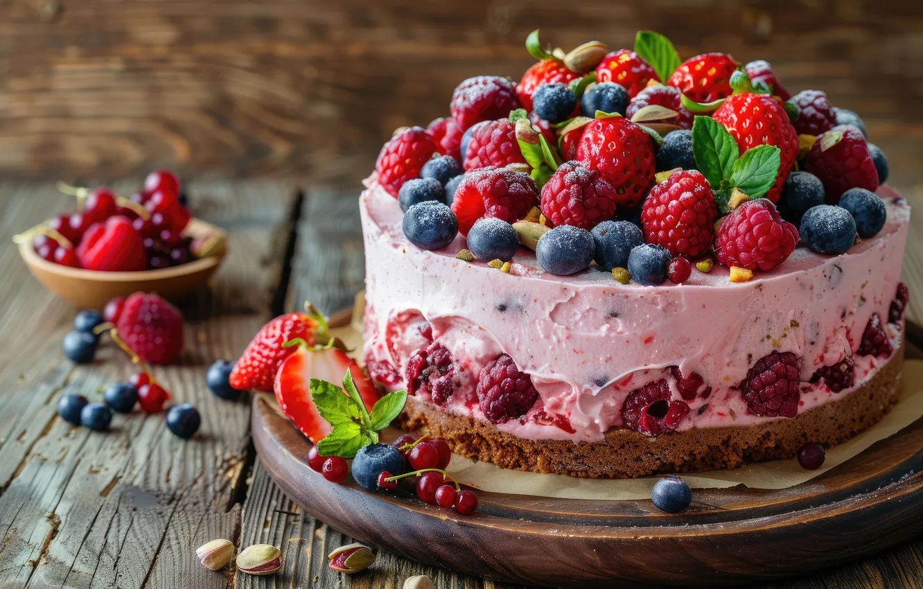 Photo wallpaper berries, raspberry, cake, cake, blueberries, berries