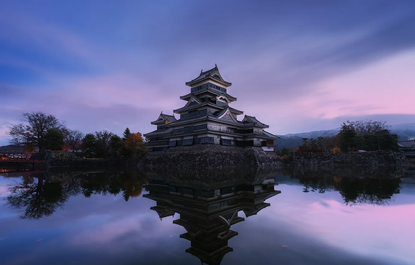 Photo wallpaper water, castle, reflection, Matsumoto Castle, symmetry, Low Light